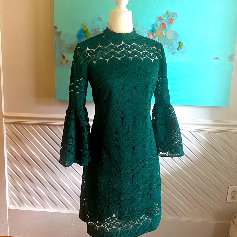 Trina Turk green bell-sleeve overlay dress
